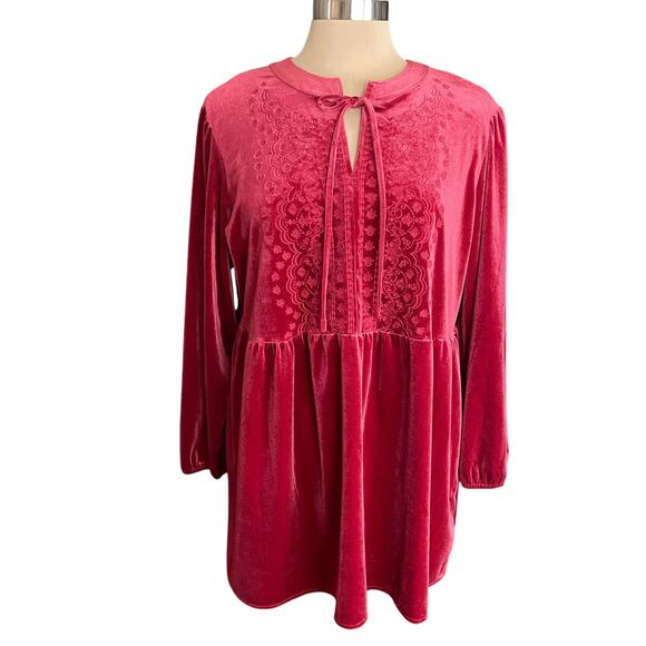 Pioneer Woman Wine Velvet Tone-on-Tone Embroidery Peplum Boho Top Sz XL Romance - Picture 1 of 9